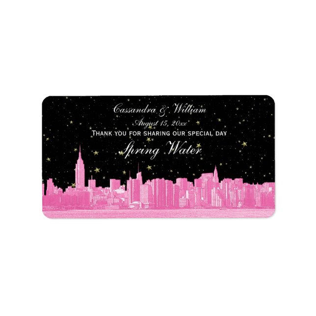 Shock rosa NYC Wide Starry Skyline Etch Vattenflas Adressetikett (Framsidan)