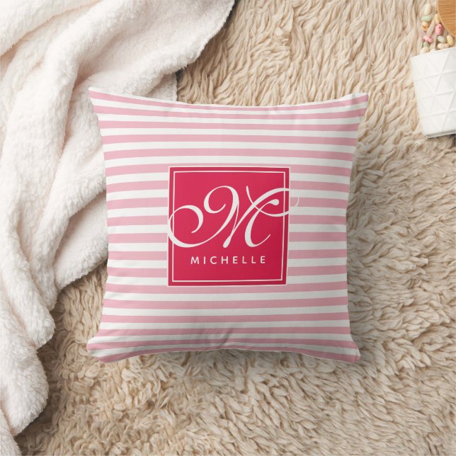 Shock rosa och Baby Rosa Stripe - Skriptmonogram Kudde (Filt)