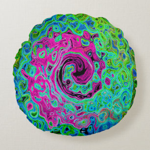 Shock rosa och blå Groovy Abstrakt Retro Swirl Rund Kudde