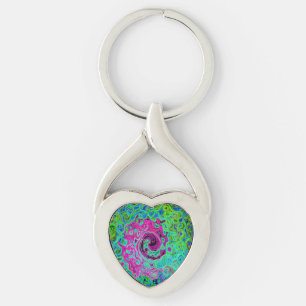 Shock rosa och blå Groovy Abstrakt Retro Swirl Twisted Heart Silverfärgad Nyckelring