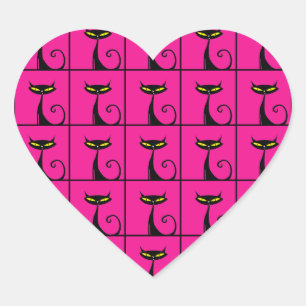 Shock rosa och Black Kattunge Collage Hjärtformat Klistermärke