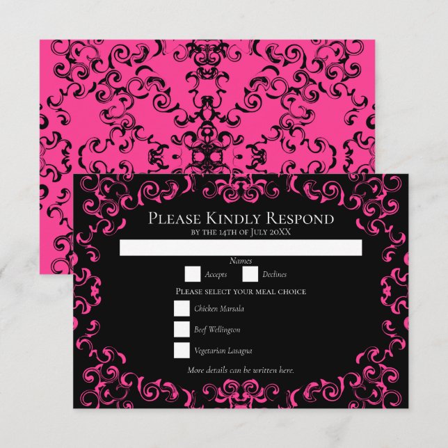 Shock rosa och Black Swirl Gothic Bröllop Inbjudningar (Fram/baksida)