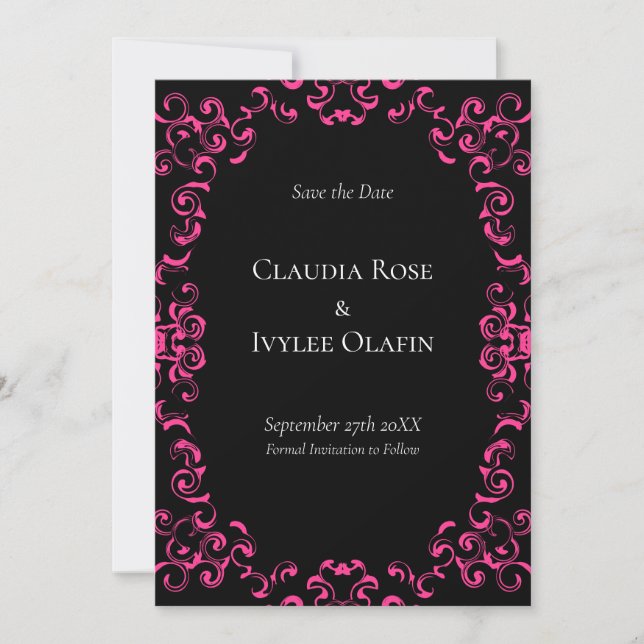 Shock rosa och Black Swirl Gothic Bröllop Inbjudningar (Framsida)