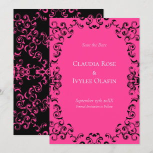 Shock rosa och Black Swirl Gothic Bröllop Inbjudningar