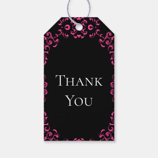 Shock rosa och Black Swirl Gothic Bröllop Presentetikett (Framsidan)