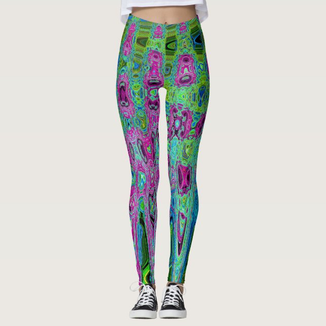 Shock rosa och Blue Groovy Abstrakt Retro Vinkarar Leggings (Framsida)