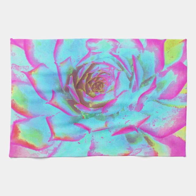 Shock rosa och Blue Succulent Sedum Rosette Kökshandduk (Horisontell)