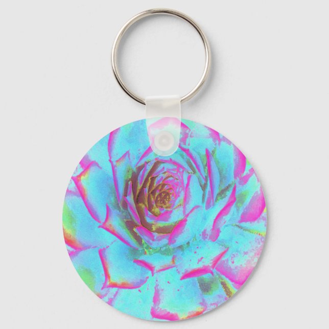 Shock rosa och Blue Succulent Sedum Rosette Nyckelring (Framsida)