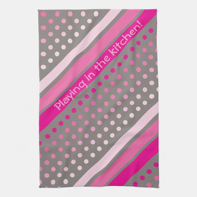 Shock rosa- och grått-polka, torkad handduk kökshandduk (Vertikal)