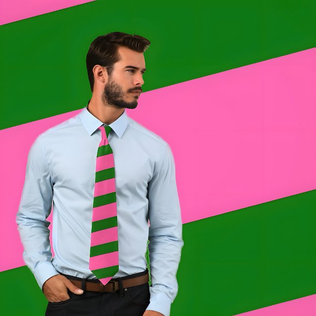 Shock rosa och Grönt med stripe ram (tjockt Rand) Slips (Man wears a Hot Pink and Green Striped Tie with Thick Stripes.)
