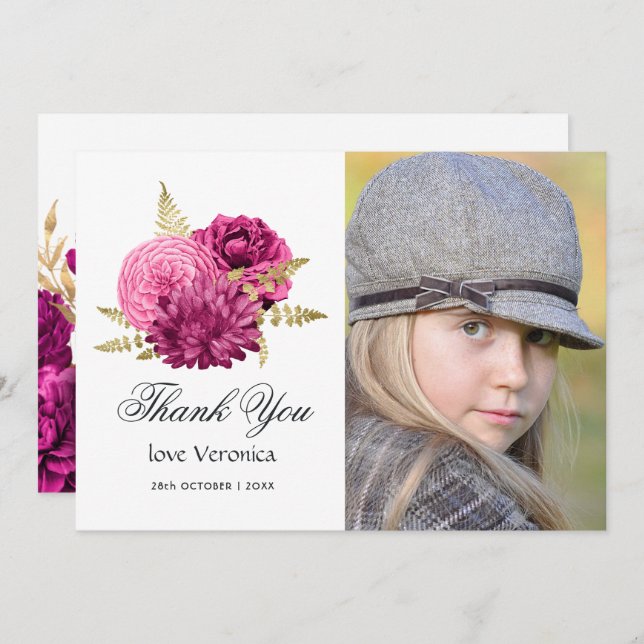 Shock rosa och Guld Blommigt Quinceañera Photo Tack Kort (Fram/baksida)