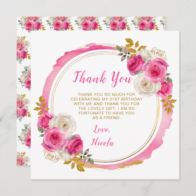 Shock rosa och Guld Elegant Flowers Födelsedagsfes Tack Kort (Fram/baksida)