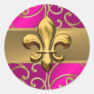 Shock rosa och Guld Filigree Swirls Fleur de Lis Runt Klistermärke
