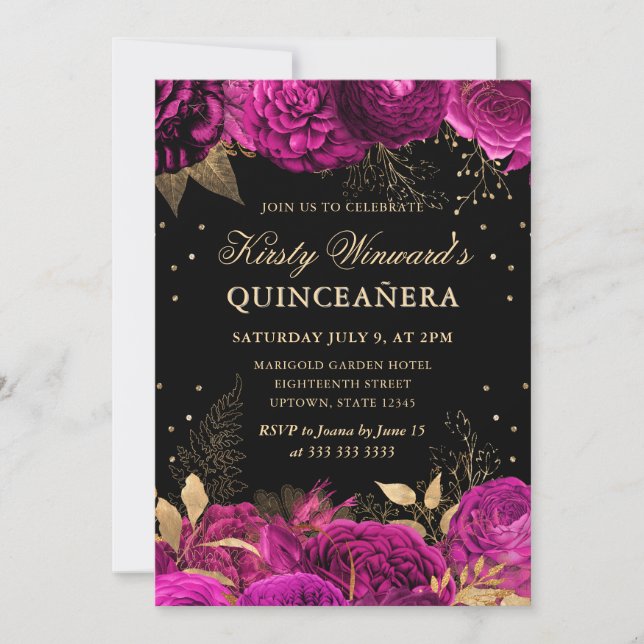 Shock rosa och Guld Ro Blommigt Quinceanera Inbjudningar (Framsida)
