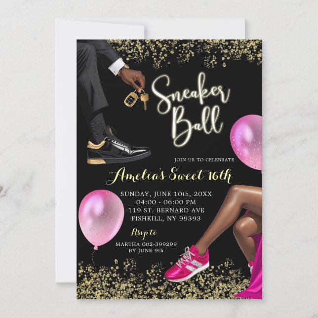 Shock rosa och Guld Sneaker Boll Sweet 16 Birthday Inbjudningar (Framsida)