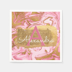 Shock rosa och guldblomma Elegant Marble Birthday Pappersservett