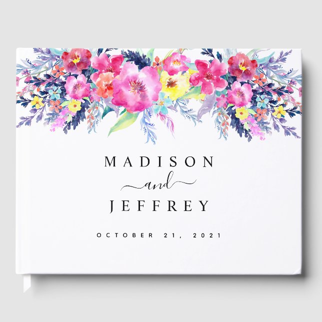 Shock rosa och Gult Vår Blommigt Bröllop Gästböcker (Framsida)