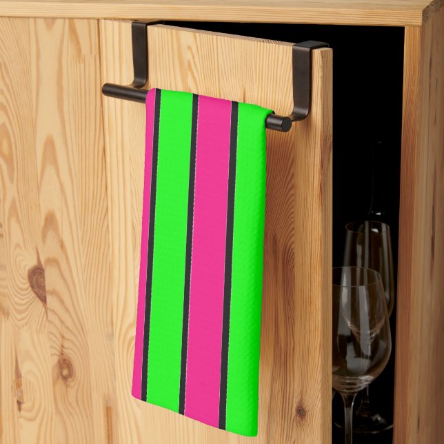 Shock rosa och Lime Green Rand Kökshandduk (Thirds Fold)