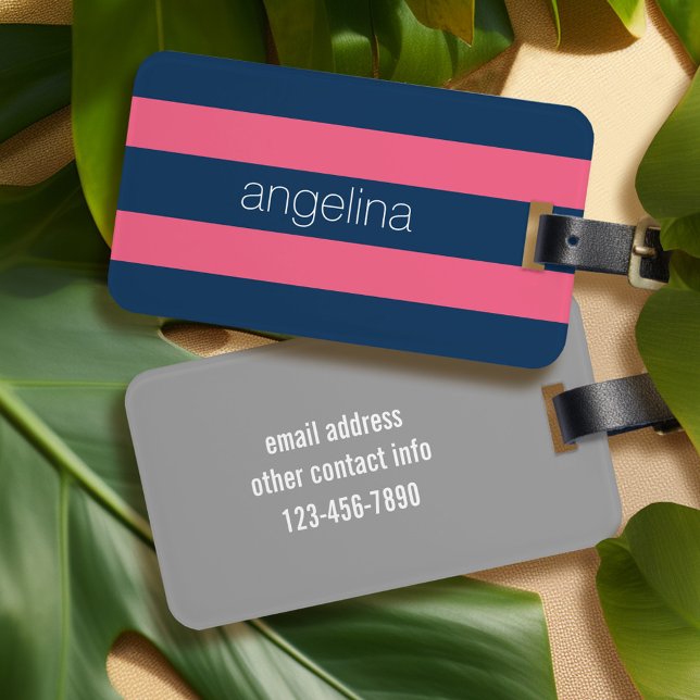Shock rosa och marinens moderna rugby Rand med Nam Bagagebricka (Personalized luggage tag - modern stripes)