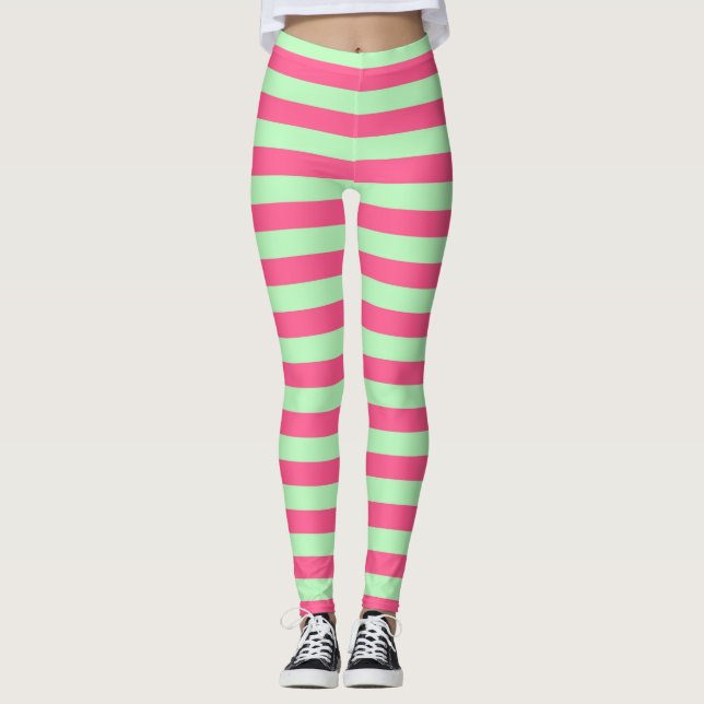 Shock rosa och mjuka gröna randar leggings (Framsida)