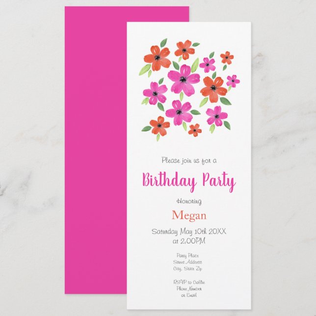 Shock rosa och Orange Blommigt för vattenfärg Moti Inbjudningar (Fram/baksida)
