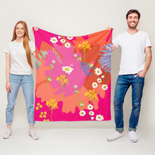 Shock rosa och Orange Blommigt Garden Abstrakt Fleecefilt
