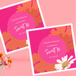 Shock rosa och Orange Blommigt sexton Födelsedagsf Pappersservett