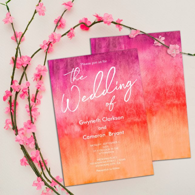 Shock rosa och Orange Bröllop Inbjudningar (#hotpinkandorangeinvitation #brightandbold #spring #watercolorinvitation)