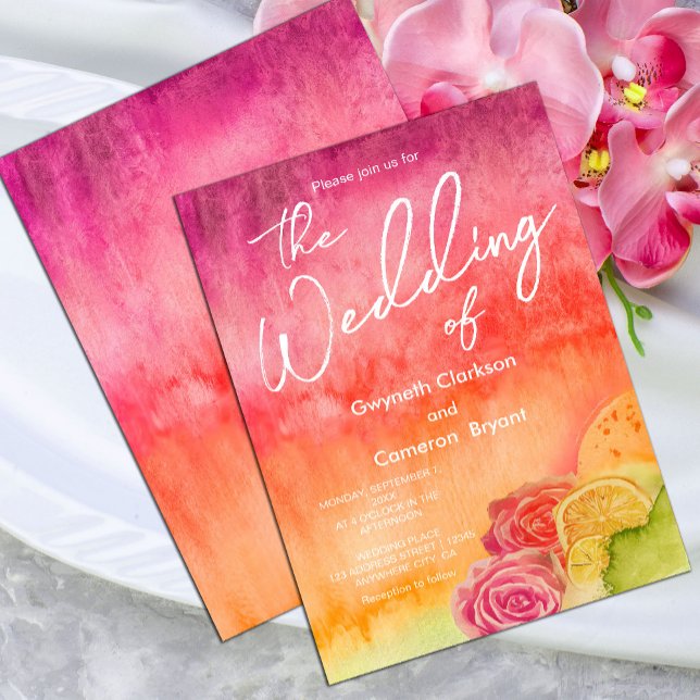 Shock rosa och Orange Bröllop Inbjudningar (#WatercolorWedding #FloralInvite #TropicalWedding #ElegantStationery #ZazzleDesign)