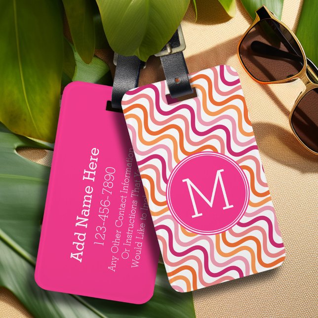 Shock rosa och Orange Chevron Wave Mönster Monogra Bagagebricka (Personalized luggage tag - Add Your contact information and monogram)