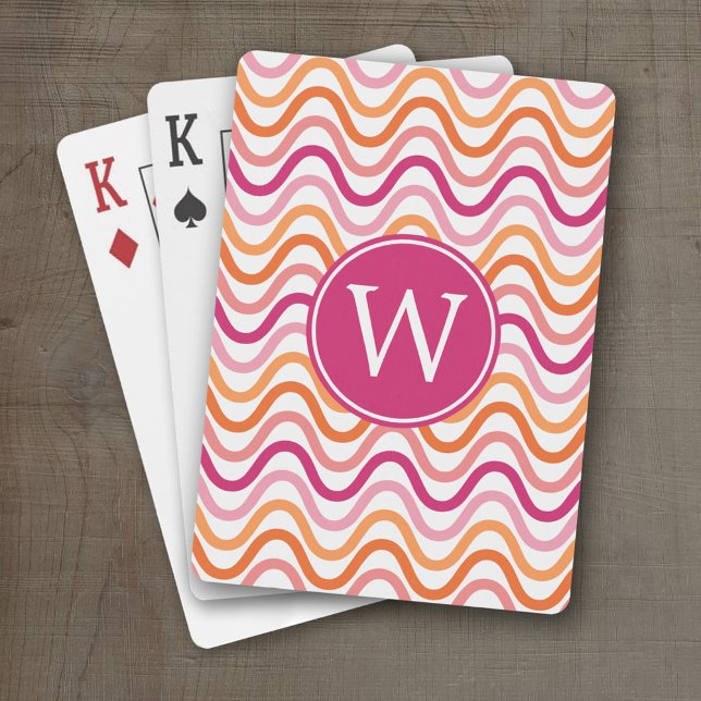 Shock rosa och Orange Chevron Wave Mönster Monogra Kortlek (Personalized Playing Cards)