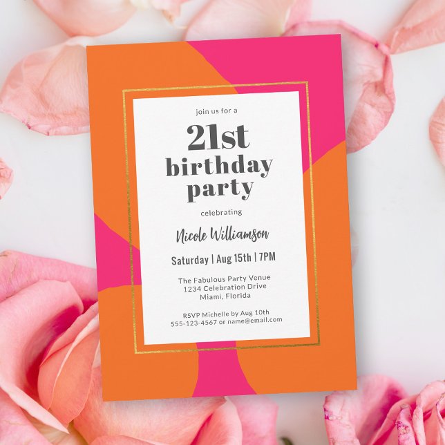 Shock rosa och Orange färgstark 21:a födelsedag Pa Inbjudningar (Celebrate a 21st birthday with this bold beautiful hot pink and orange party invitation.)