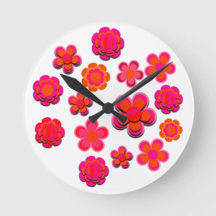 Shock rosa- och Orange Flowers Rund Klocka