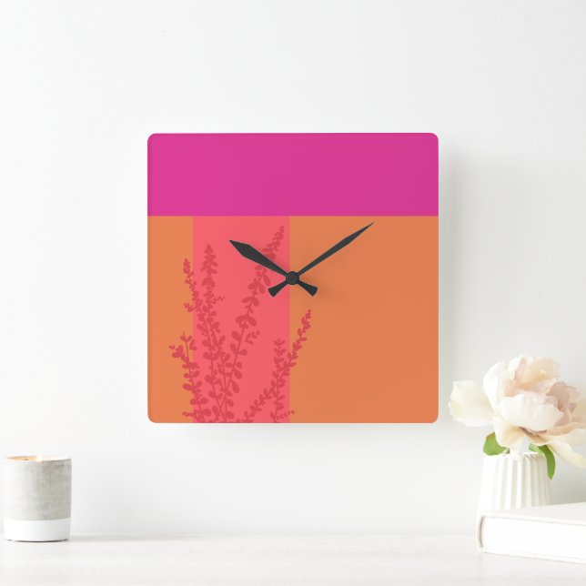 Shock rosa och Orange Grey Lämnar Färg-block Fyrkantig Klocka (Hem)
