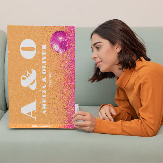 Shock rosa och Orange Retro Disco Bollar Bröllop Gästböcker