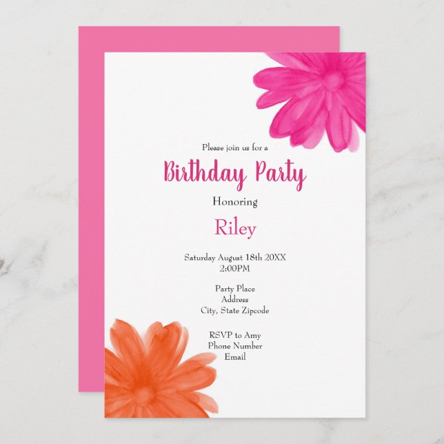 Shock rosa- och Orange vattenfärgsblommor Inbjudningar (Fram/baksida)