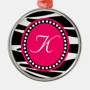 Shock rosa och sebran görar randig den Monogrammed Julgransprydnad Metall