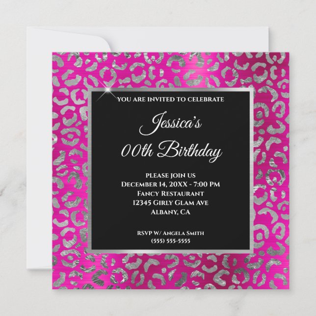 Shock rosa och Silver Leopard Foil Girly Birthday Inbjudningar (Framsida)