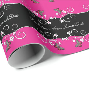 Shock rosa och svart Swirly blommor Presentpapper