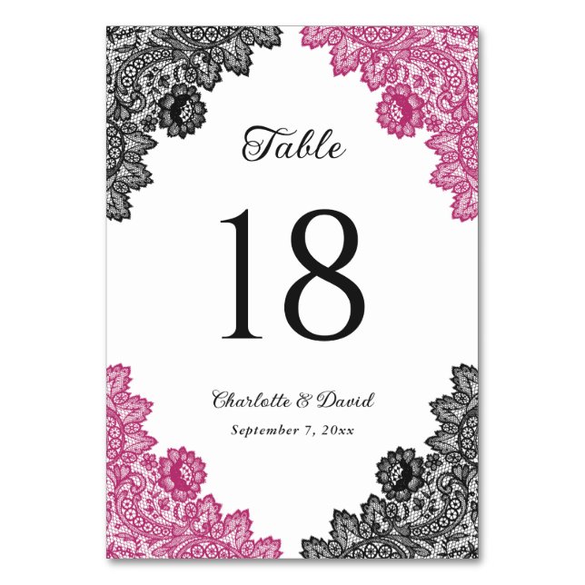 Shock rosa och Svarta Blommigten Snöre Bröllop Bordsnummer (Framsidan)