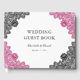 Shock rosa och Svarta Blommigten Snöre Bröllop Gästböcker