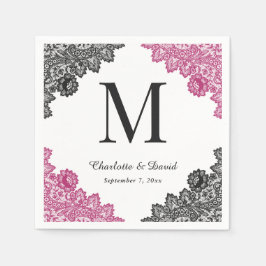 Shock rosa och Svarta Blommigten Snöre Monogram Br Pappersservett