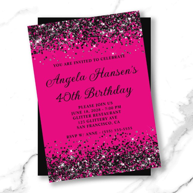 Shock rosa och Svarta Glitter 40:e födelsedagen Inbjudningar (Hot Pink and Black Glitter 40th Birthday Invitation)