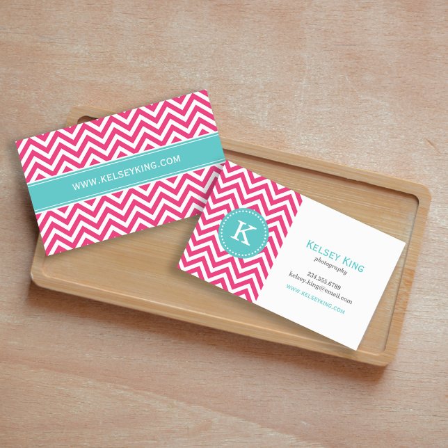 Shock rosa och turkos Chevron Monogram Visitkort (Skapare uppladdad)