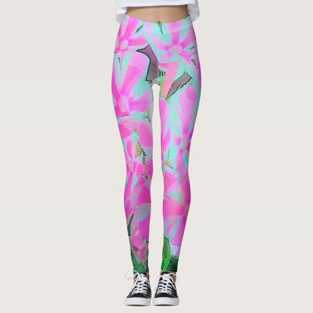 Shock rosa och vit Peppermynt Twist Garden Phlox Leggings (Framsida)