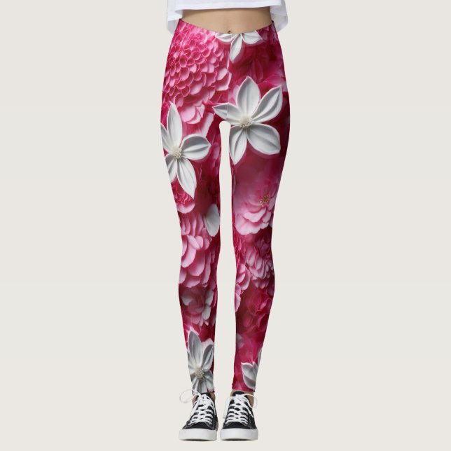 Shock rosa och vita Blommigtar Leggings (Framsida)