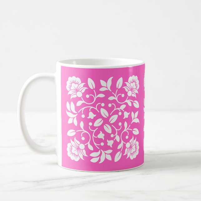 Shock rosa- och vitblommor kaffemugg (Vänster)