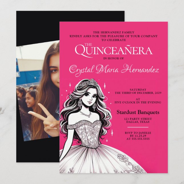 Shock rosa och White Quinceañera Inbjudningar (Fram/baksida)