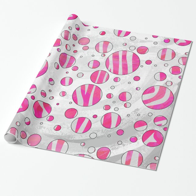 Shock rosa och White Zebra Polka dots Presentpapper (Utrullad)