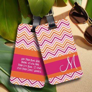 Shock rosa & Orange Chevron Mönster med Monogram Bagagebricka